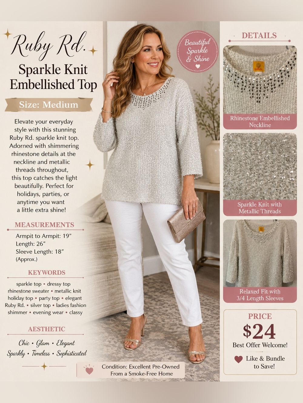 Ruby Rd. Cream Sequin-Trim Sweater